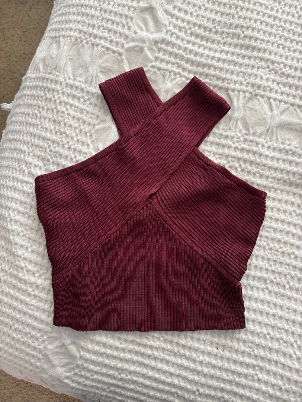 Cross-Back Ribbed Crop Top in Deep Wine
